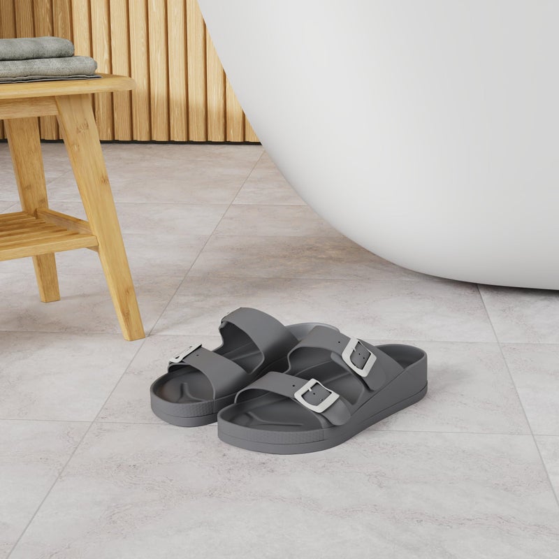 FUNKYMONKEY Women's Comfort Slides, Adjustable Double Buckle with Arch Support EVA Non-Slip Flat Sandals for Vacation & Daily Wear (10 M US/Women, Grey) - Image 2